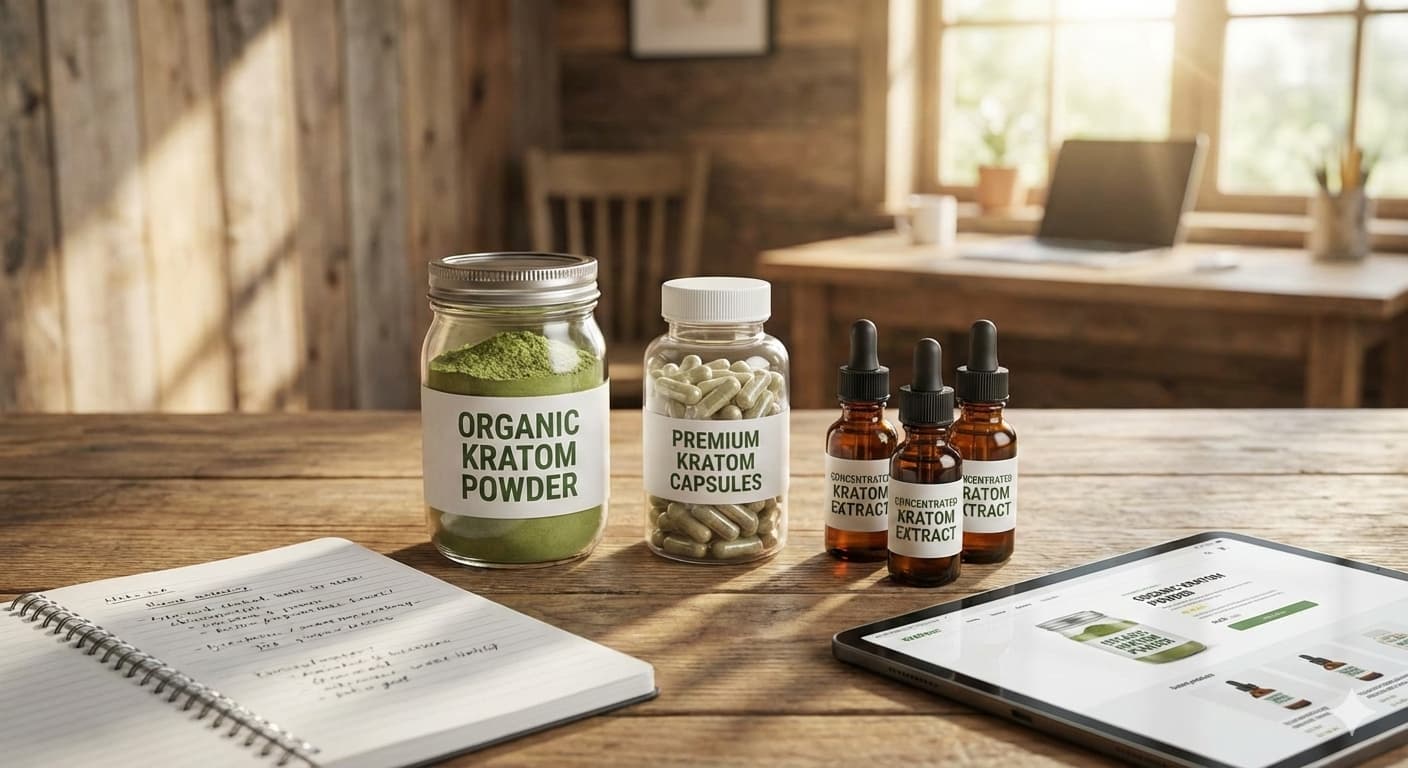 Kraken Kratom review product lineup with powder capsules and extract bottles